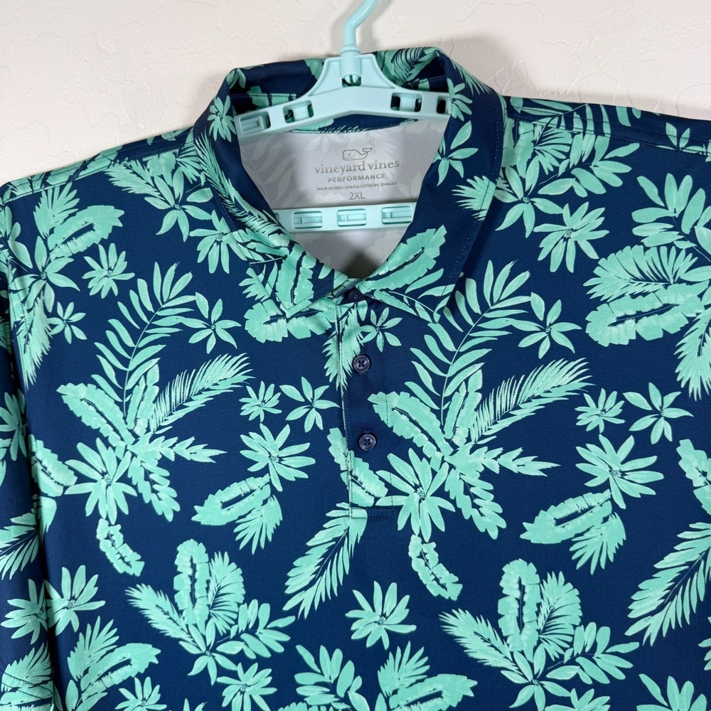 Vineyard Vines Polo Shirt Mens 2XL Blue Performance Golf Prep Floral Palms Aloha
